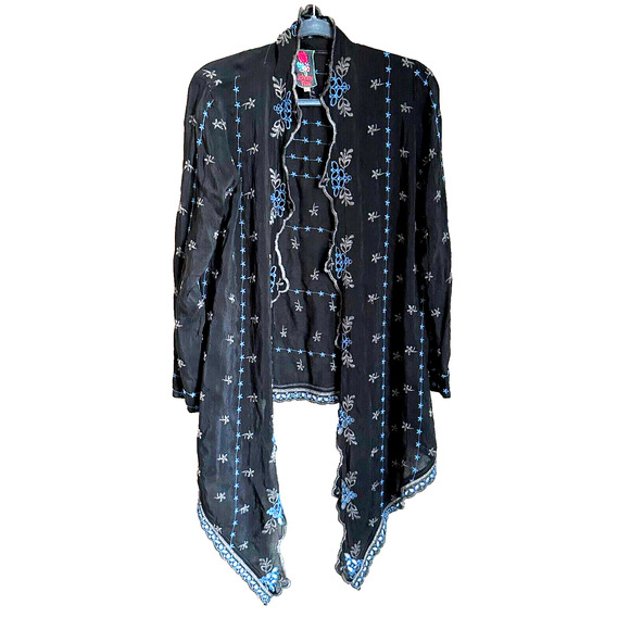Johnny Was Open Front Embroidered Cardigan Sheer Black Blue Floral High Low Hem - Picture 1 of 10
